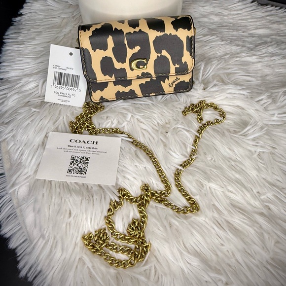 COACH Leopard Print Leather Flap Card Case with Crossbody Chain - Picture 2 of 11
